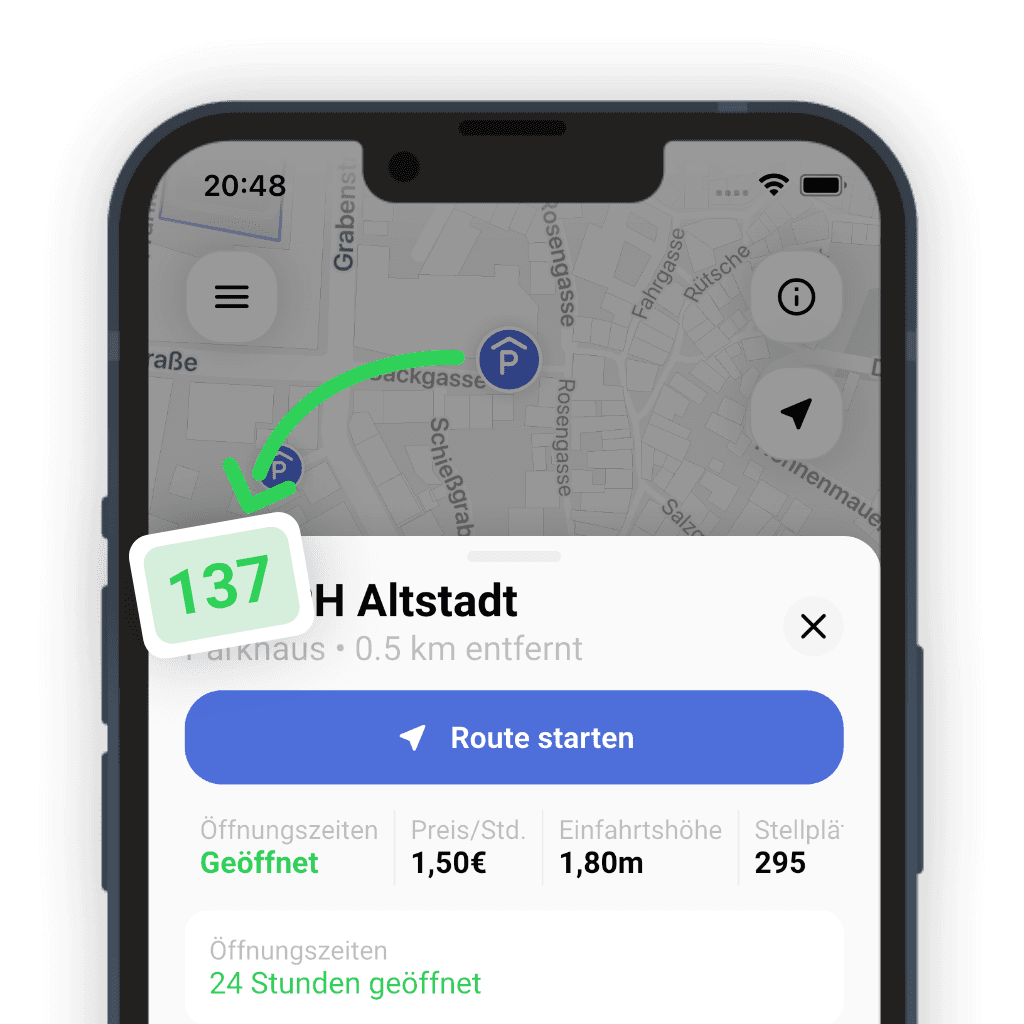 Parkhaus in der Parkbest-App: 137 freie Plätze, geöffnet, 1,50 € pro Stunde, Einfahrtshöhe 1,80 m, 295 Stellplätze